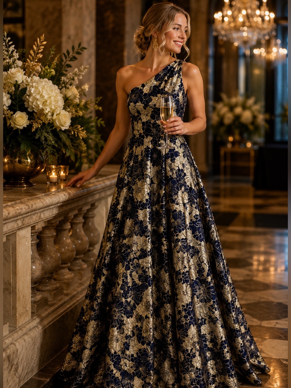 Betsy & Adam One-Shoulder Navy and Gold Floral Maxi Gown